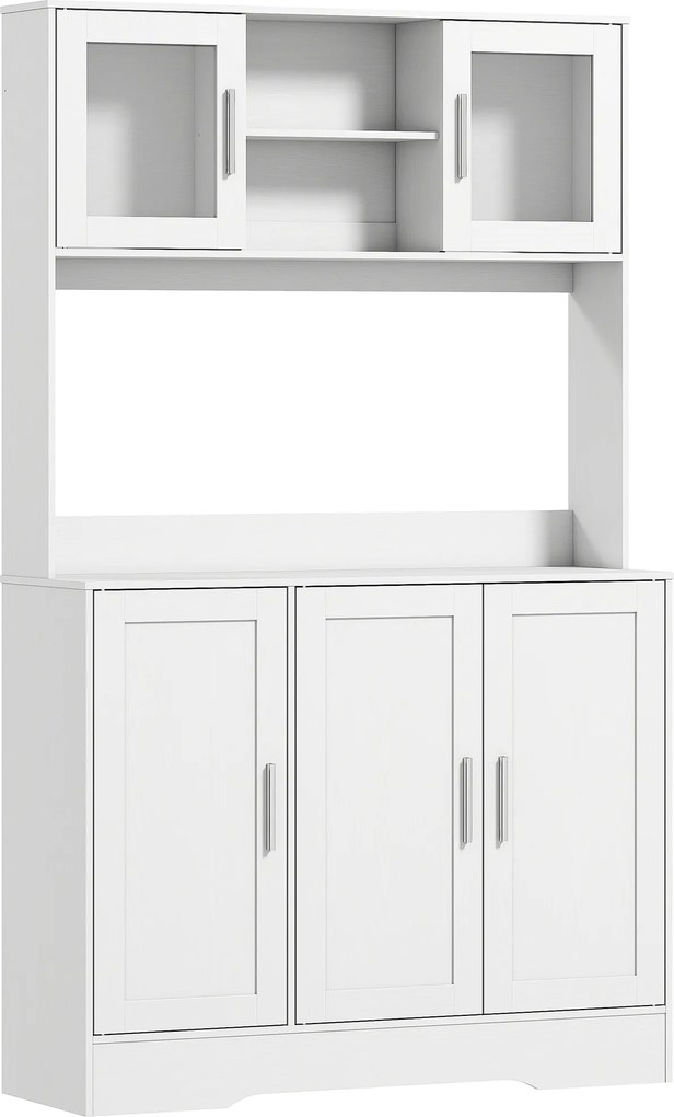 HOMCOM Dulap Bucătărie de 180cm, Dulap Înalt cu 4 Compartimente, Uși din Sticlă Securizată, 2 Rafturi Deschise, Rafturi Reglabile, Blat pentru Electrocasnice, pentru Bucătărie sau Living, Alb | Aosom Romania