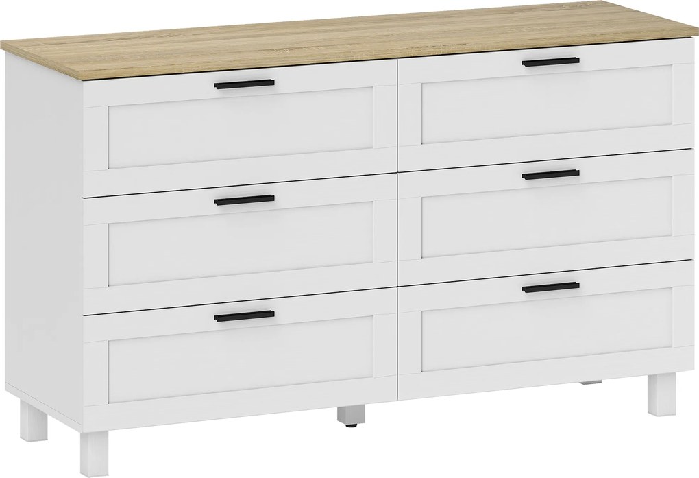 HOMCOM Comodă cu 6 Sertare Modernă din PAL, Lemn de Pin și MDF, 120x38x71 cm, Alb și Culoare Lemn | Aosom Romania