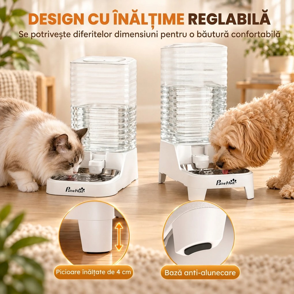 PawHut distribuitor automat de apă cu gravitație 8 L pentru pisici și câini, cu bol din inox, alb | Aosom Romania