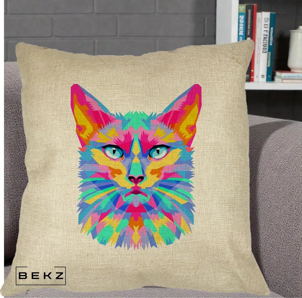 Perna decorativa Pisica Pop Art Multicolor, 40x40 cm cu Umplutura, Crem, BEKZ