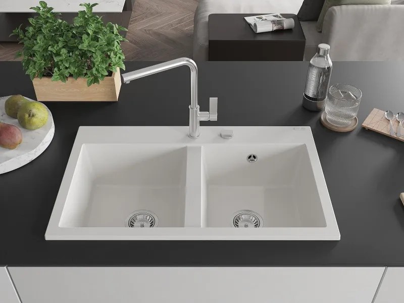 Mexen Hektor chiuvetă de bucătărie din granit cu 2 compartimente 800 x 480 mm, albă, sifon crom - 6521802000-20