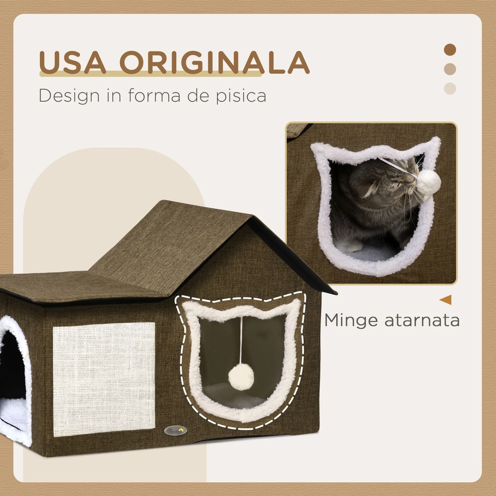 Casa Apartament pentru Pisici cu Pernuta de Zgariat, Perna Moale, Doua usi, 65x41x45,5cm Maro, Alb Crem PawHut | Aosom RO