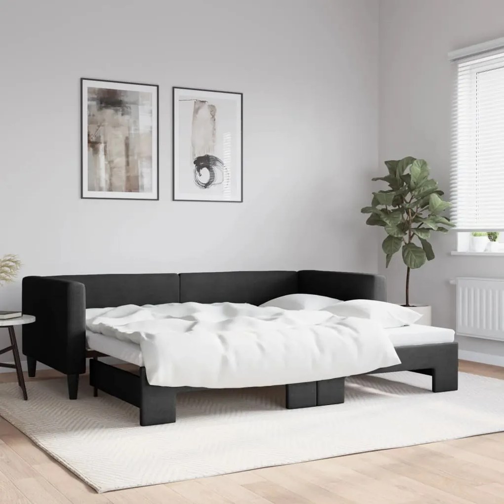 3196590 vidaXL Pat de zi cu extensie, negru, 90x190 cm, textil