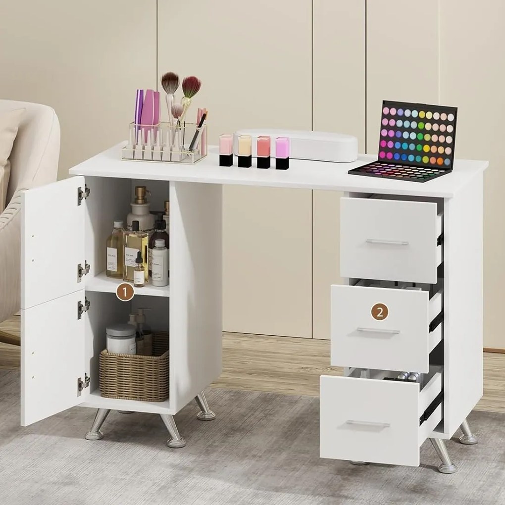 MANIA3 - Masuta manichiura, 108 cm, masa cosmetica cu pernita - Alb / Negru / Roz - Auriu