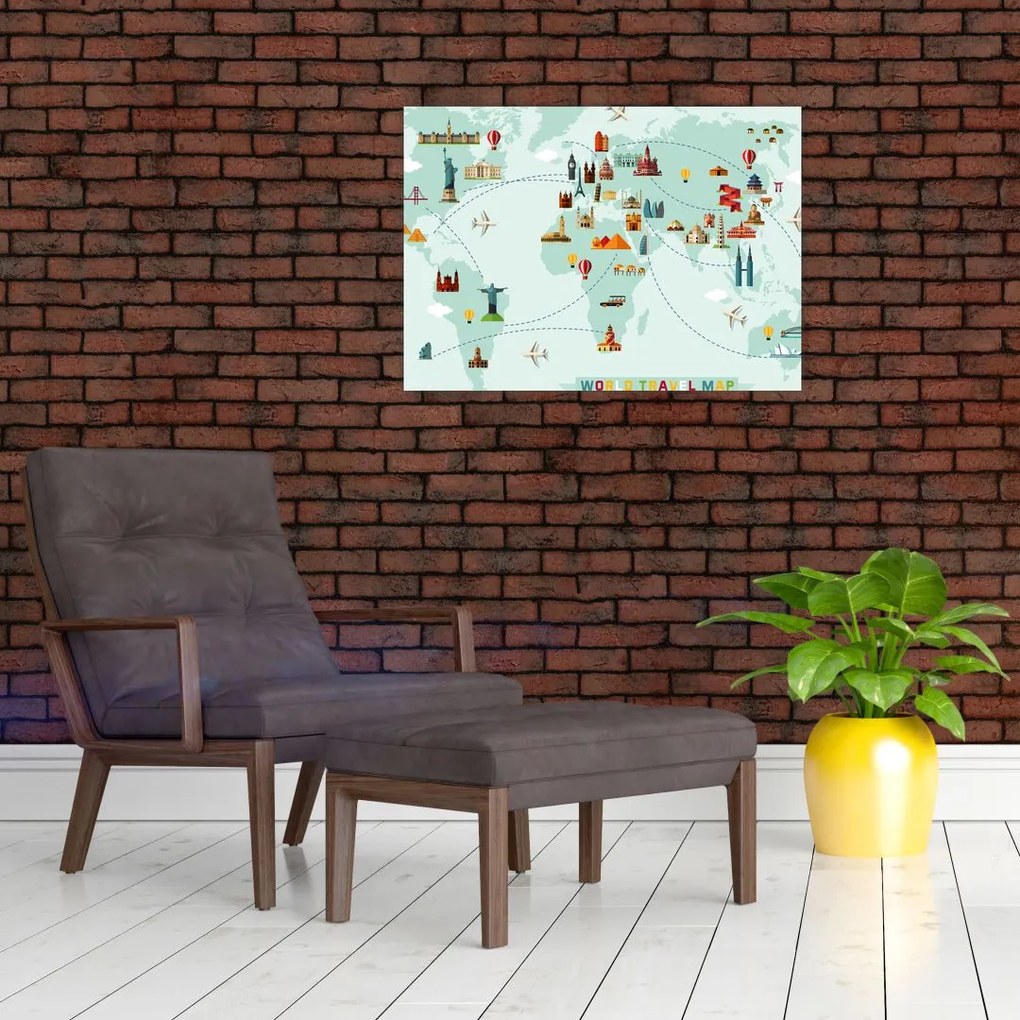 Tablou pe sticlă - Harta cu pictograme, amintire (70x50 cm)