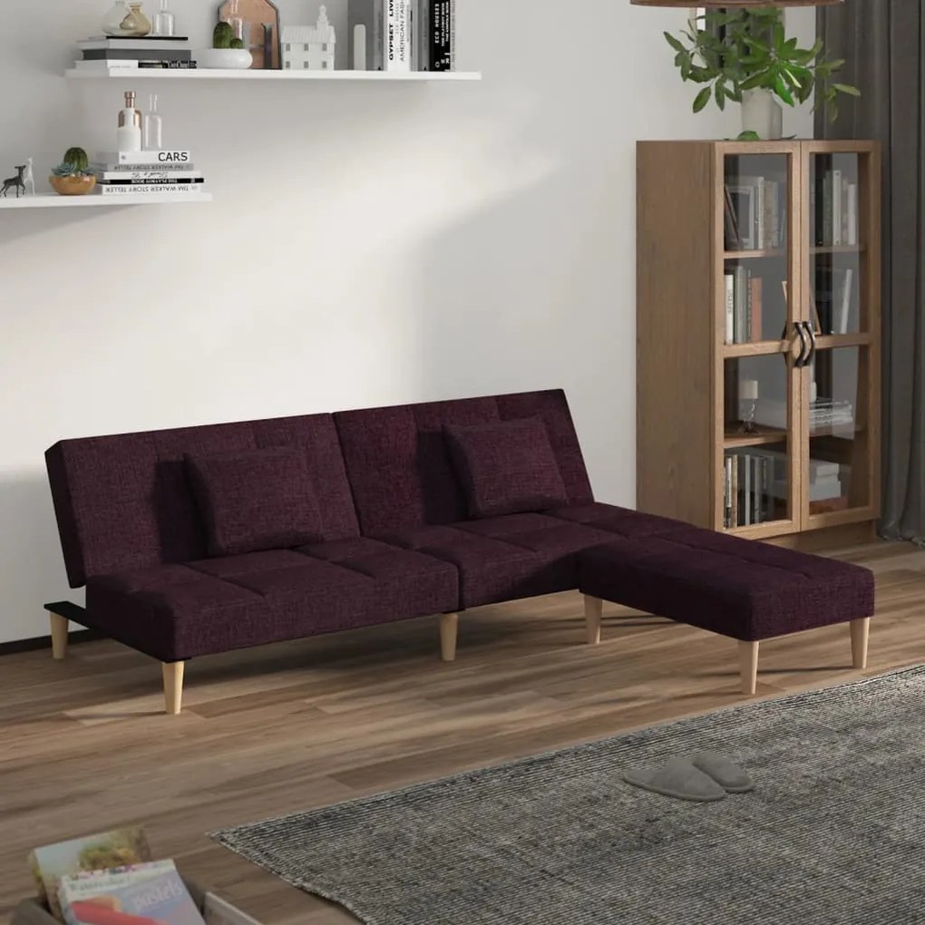 3080610 vidaXL Canapea extensibilă 2 locuri, 2 perne&taburet, violet, textil