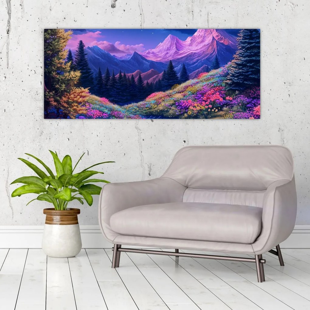Tablou - Peisaj violet la lună plină (120x50 cm)