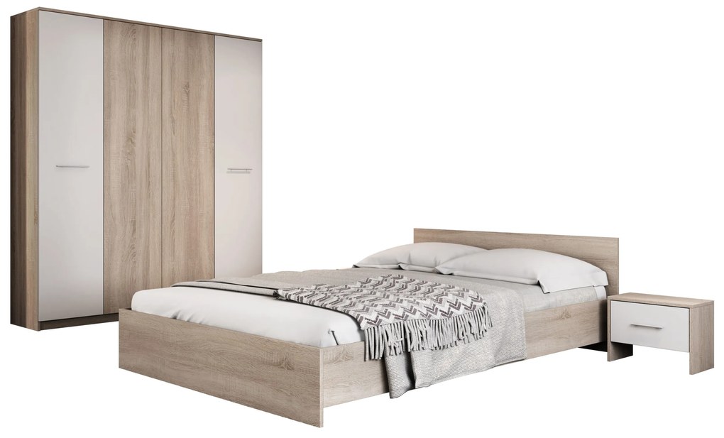 Dormitor Luiza 4U4P, culoare sonoma / alb, cu pat standard 140 x 200 cm, dulap cu 4 usi si 2 noptiere