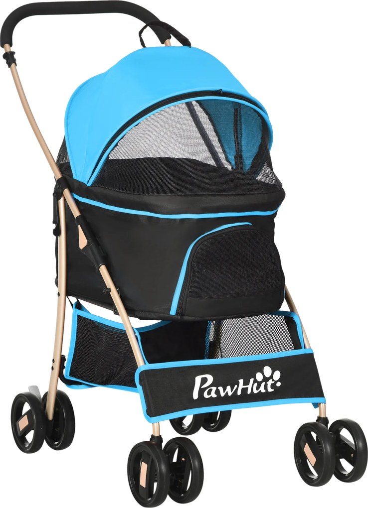 PawHut Cărucior pentru Câini Pliabil și Convertibil în Geantă de Transport cu 2 Lese și Pernă, 82x49.5x98 cm, Albastru | Aosom Romania