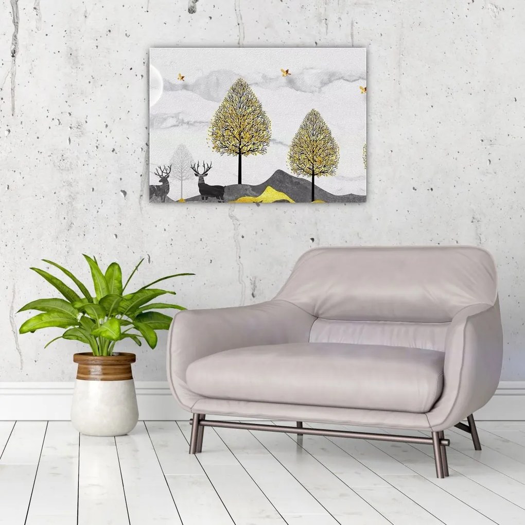 Tablou pe sticlă cu cerbi pictați (70x50 cm)