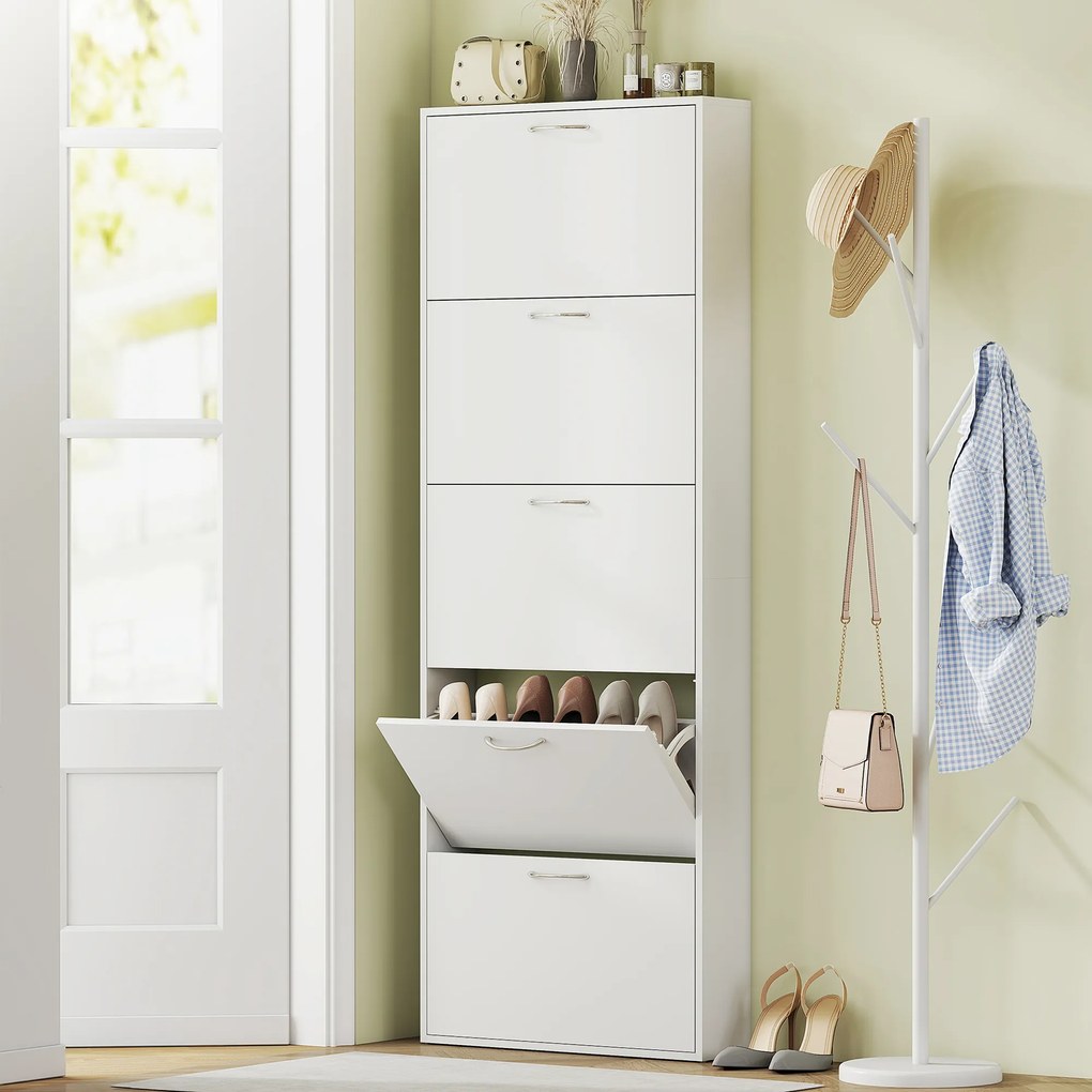 HOMCOM Dulap pentru Pantofi Subțire cu 5 Uși 65x17x180,5 cm în Lemn Alb | Aosom Romania