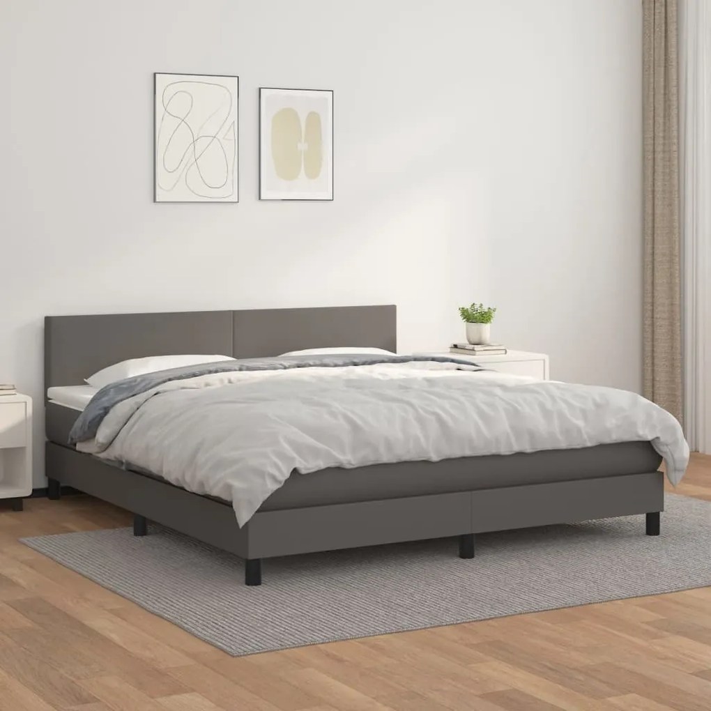 vidaXL Pat box spring cu saltea, gri, 160x200 cm, piele ecologică