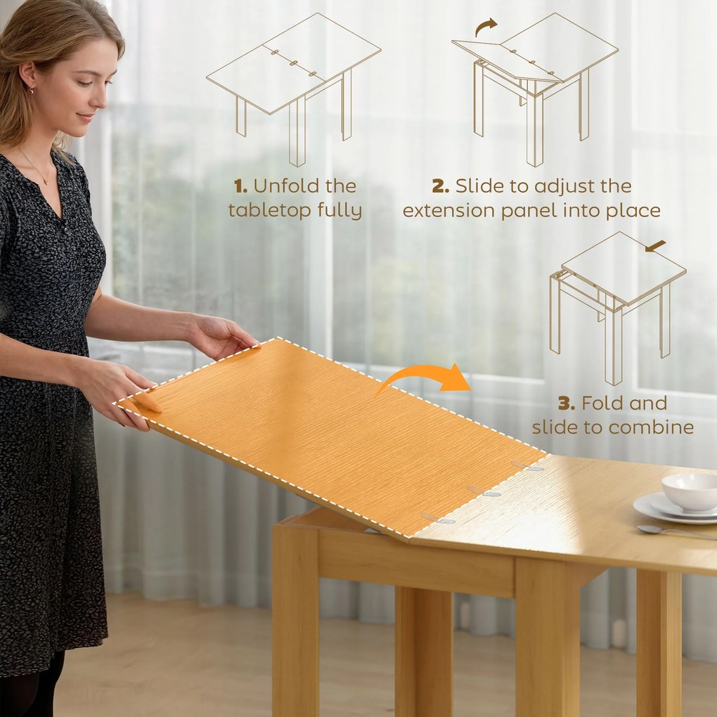 HOMCOM Masă de Sufragerie Extensibilă pentru 4-6 Persoane Design Rabatabil, 70-140cm Masă Extensibilă Rectangulară Salvaspațiu cu Picioare Antiderapante, pentru Sala de Mese Living, Culoare Efect de Lemn | Aosom Romania