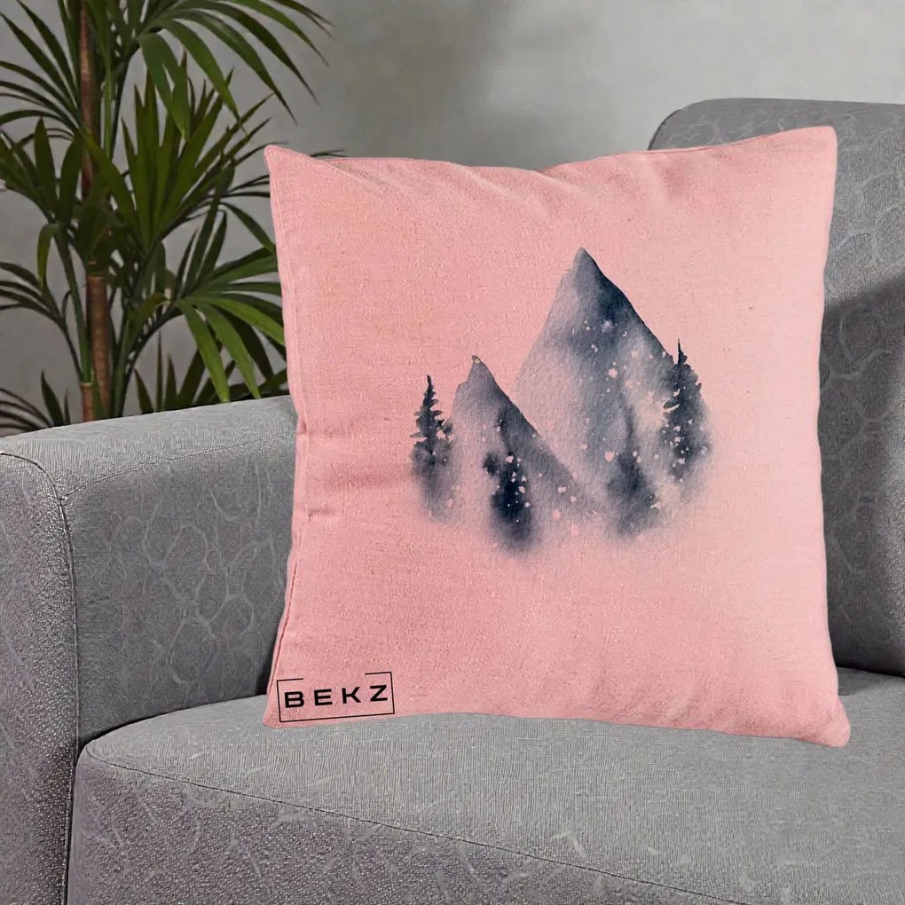 Perna Decorativa Munti Inzapeziti Acuarela Indigo, 40x40 cm, Roz, Husa Detasabila, Perna Inclusa, BEKZ®