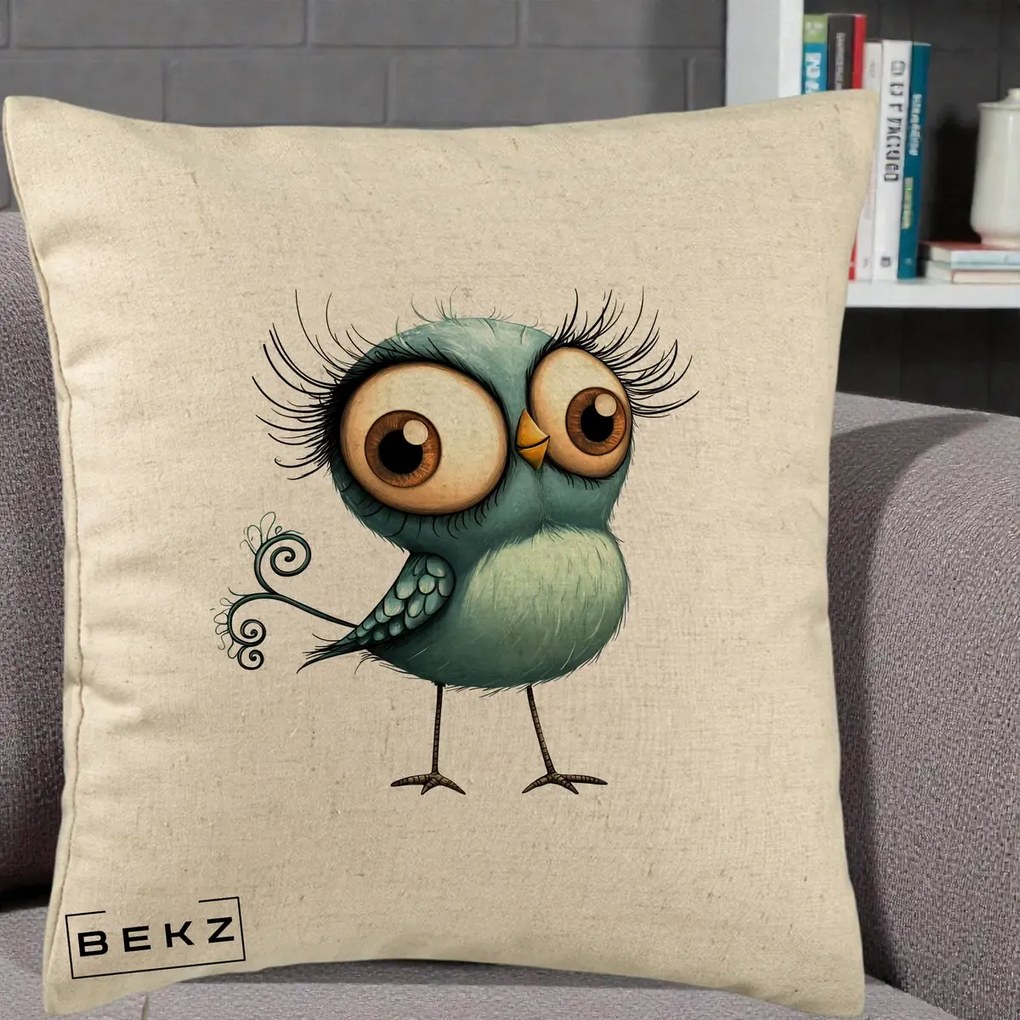 Perna Decorativa Pasare Teal cu Gene si Coada Spiralata, 40x40 cm, Bej, Husa Detasabila, Perna Inclusa, BEKZ®