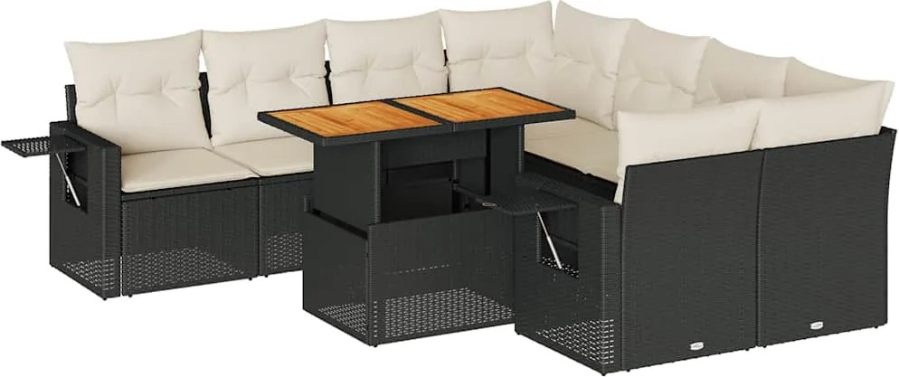 vidaXL Set mobilier de grădină cu perne, 9 piese, negru, poliratan