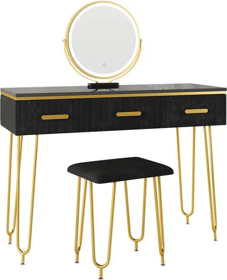 Masuta machiaj cu Oglinda LED si 3 Sertare pentru Cosmetice, Set Masa toaleta 100 cm, Negru, masuta cosmetica, vanity - SEN240