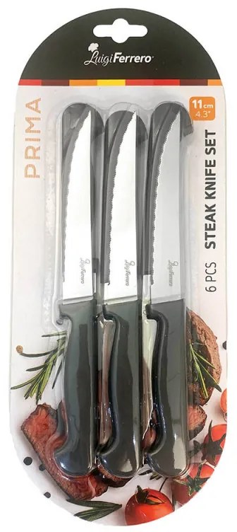 Set de 6 cuțite de friptură Luigi Ferrero Prima FR-1258, Oțel inoxidabil, Curățare ușoară, Negru/inox