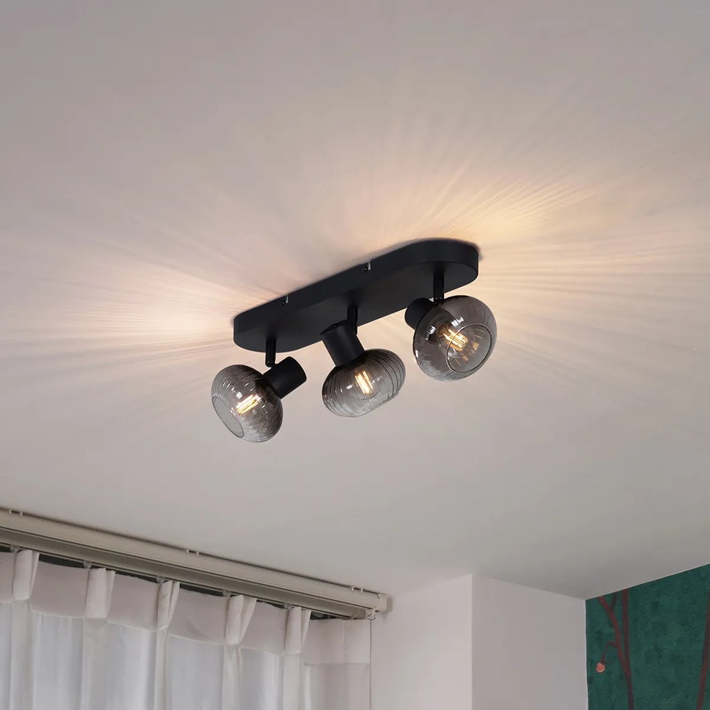 Spotlight plafon rotund negru cu sticlă fumuriu 3 lumini - Teddy