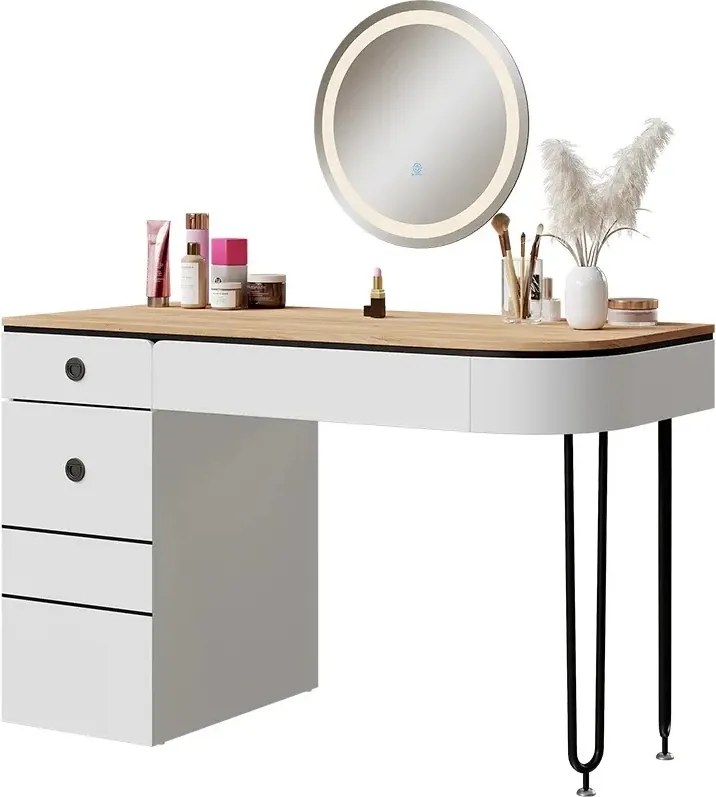 Masuta machiaj cu Oglinda LED si 2 Sertare pentru Cosmetice, Set Masa toaleta 120 cm, Alb, masuta cosmetica, vanity - SEA808