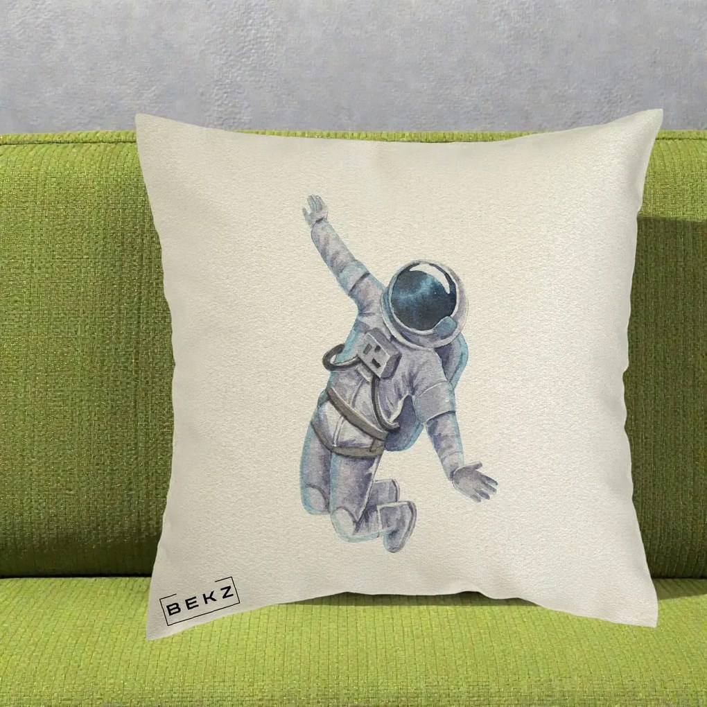 Perna Decorativa Astronaut Acuarela Zbor, 40x40 cm, Ecru, Husa Detasabila, Perna Inclusa, BEKZ®