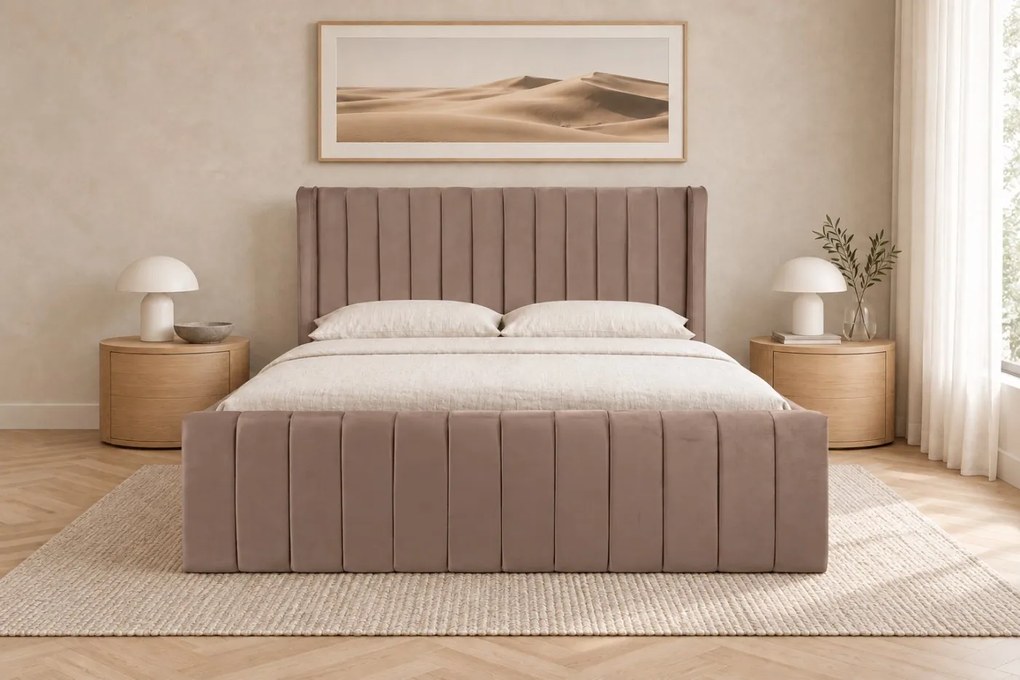 Pat tapițat din catifea Aurelia Simple 140×200 cm, cappuccino, cu ladă de depozitare