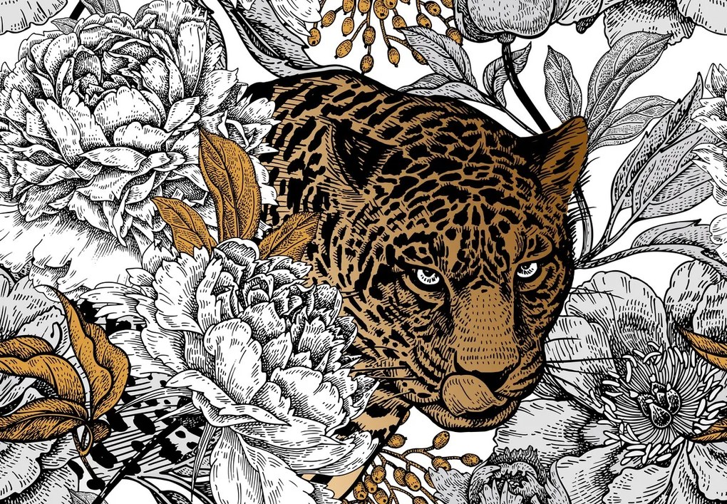 Fototapet - Leopard în bujori (147x102 cm)
