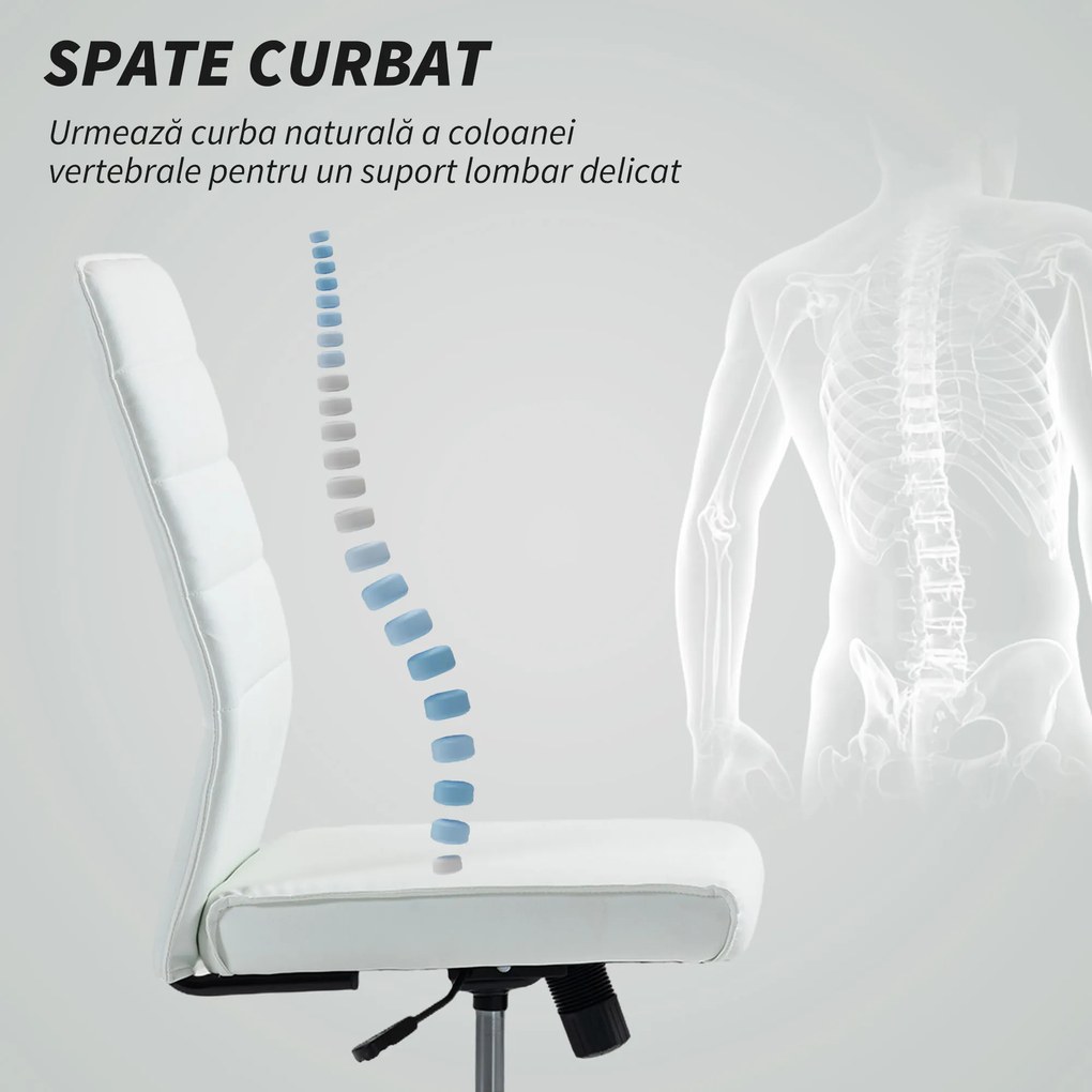HOMCOM Scaun de Birou Ergonomic și Reglabil cu Spătar Curbat, din Piele PU și Oțel, 58x53x97-107 cm, Alb | Aosom Romania