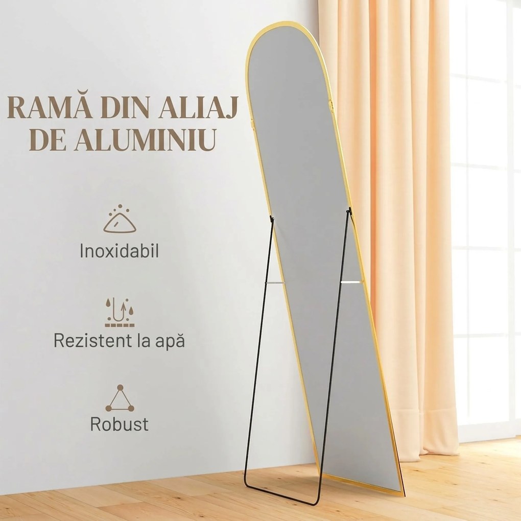 HOMCOM Oglindă de Podea și Perete cu Suport Pliabil, 50x161.5cm, Auriu | Aosom Romania