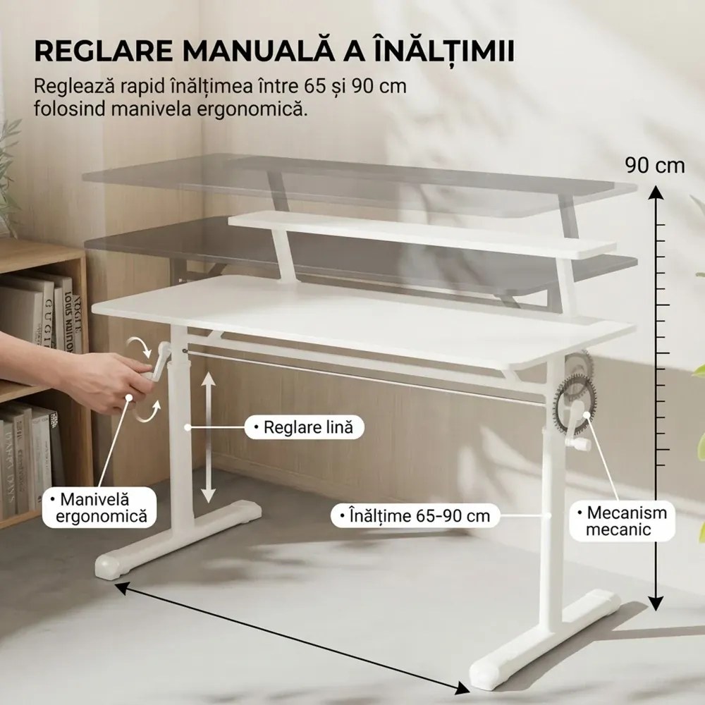 RESIGILAT- ERGOLEV WX-007 – Birou Reglabil Manual cu Înălțime Ajustabilă 65–90 cm, Blat Monobloc din PAL de Înaltă Densitate 15 mm, Cadru Metalic din Oțel, Raft Superior Integrat, 100x60 cm, Alb