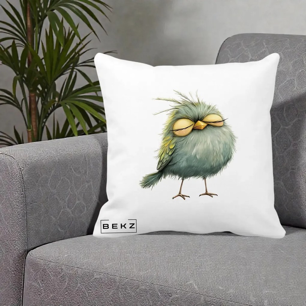 Perna Decorativa Pasare Teal Adormita cu Ochi Galbeni, 40x40 cm, Alba Mata, Husa Detasabila, Perna Inclusa, BEKZ®