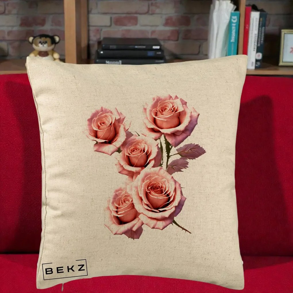 Perna Decorativa Trandafiri Roz Pastel Acuarela, 40x40 cm, Bej, Husa Detasabila, Perna Inclusa, BEKZ®