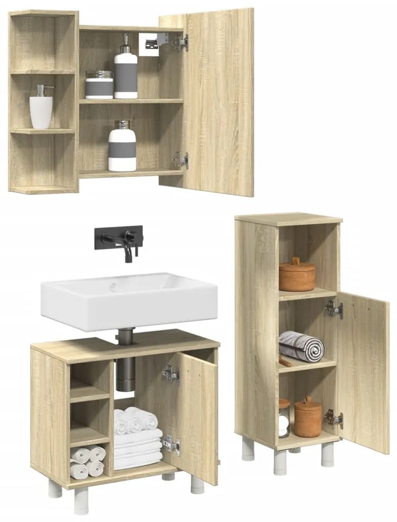 vidaXL Set mobilier de baie, 3 piese, stejar sonoma, lemn prelucrat