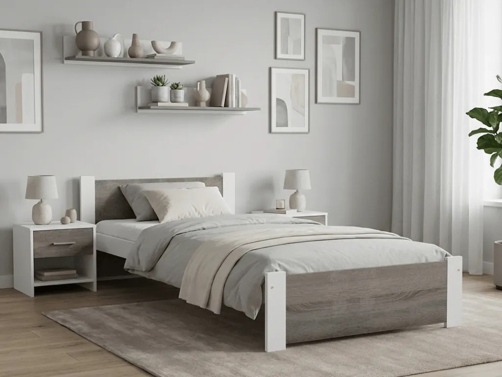 Pat de o persoana stejar alb/trufa, IKAROS 90 x 200 cm Saltele: Cu saltele Coco Maxi 20 cm, Somiera pat: Fara somiera