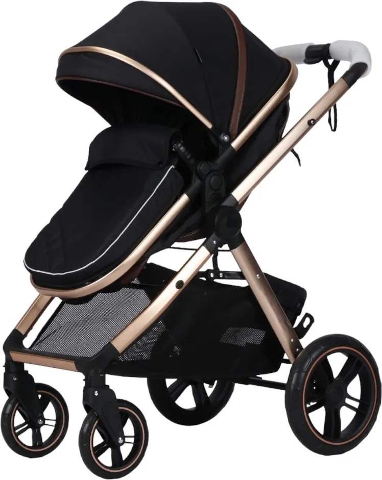 Carucior nou nascuti 3 in 1 NOVOKIDS™ X2000 series, Cu geanta bebe, Cadru Aluminiu Gold, Amortizoare, Roti din cauciuc plin AVE, Landou, Scoica auto,