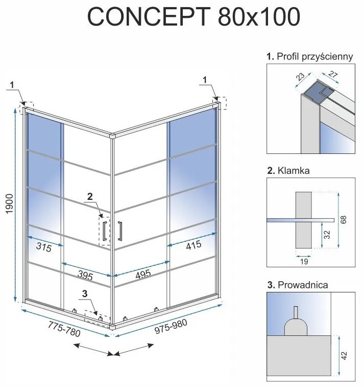 Cabina dus Concept negru – 80×100 cm