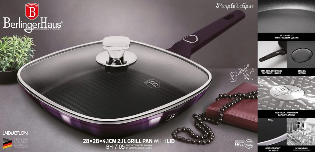 Tigaie grill cu capac, strat titan, Purple Eclipse Berlinger Haus BH 7105