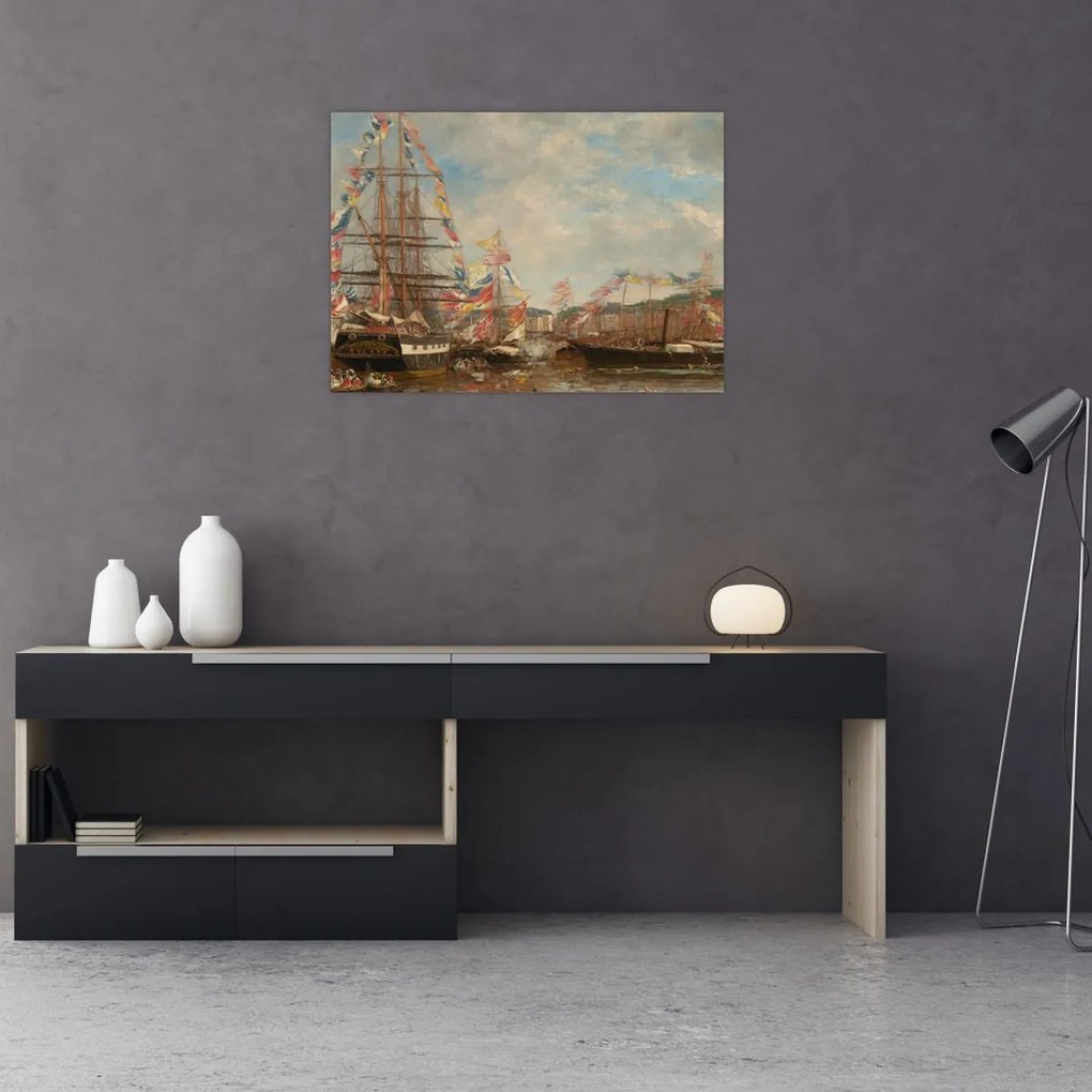 Tablou pe sticlă - Eugène Boudin, Festival in the Harbor of Honfleur, reproducere (70x50 cm)