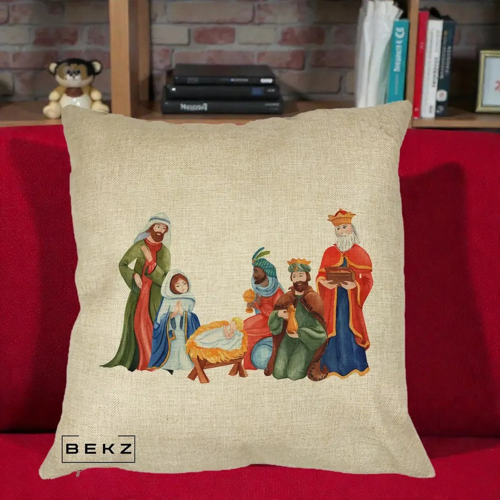 Perna Decorativa Nasterea Domnului Cei Trei Magi Acuarela, 40x40 cm, Crem, Husa Detasabila, Perna Inclusa, BEKZ®