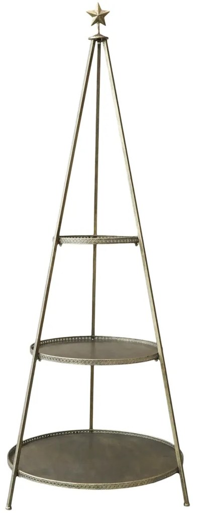 Etajeră metalică în formă de brad cu 3 tăvi, finisaj alamă antichizată, H165,5/D64 cm