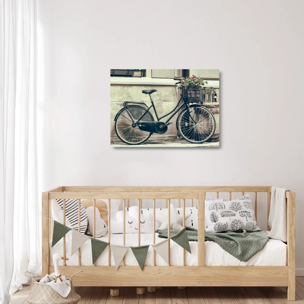 Tablou pe sticlă - Bicicleta de epocă cu flori (70x50 cm)