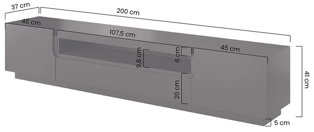 Comodă TV Loftia 200 cm, cu două uși și nișă – negru / negru mat