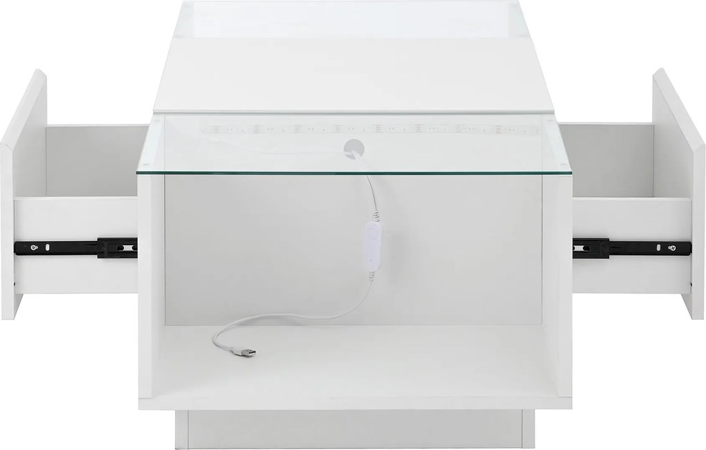 Masă de cafea cu spațiu de depozitare, iluminare ambientală LED, blat din sticlă și 2 sertare, 105x50x35 cm, Alb