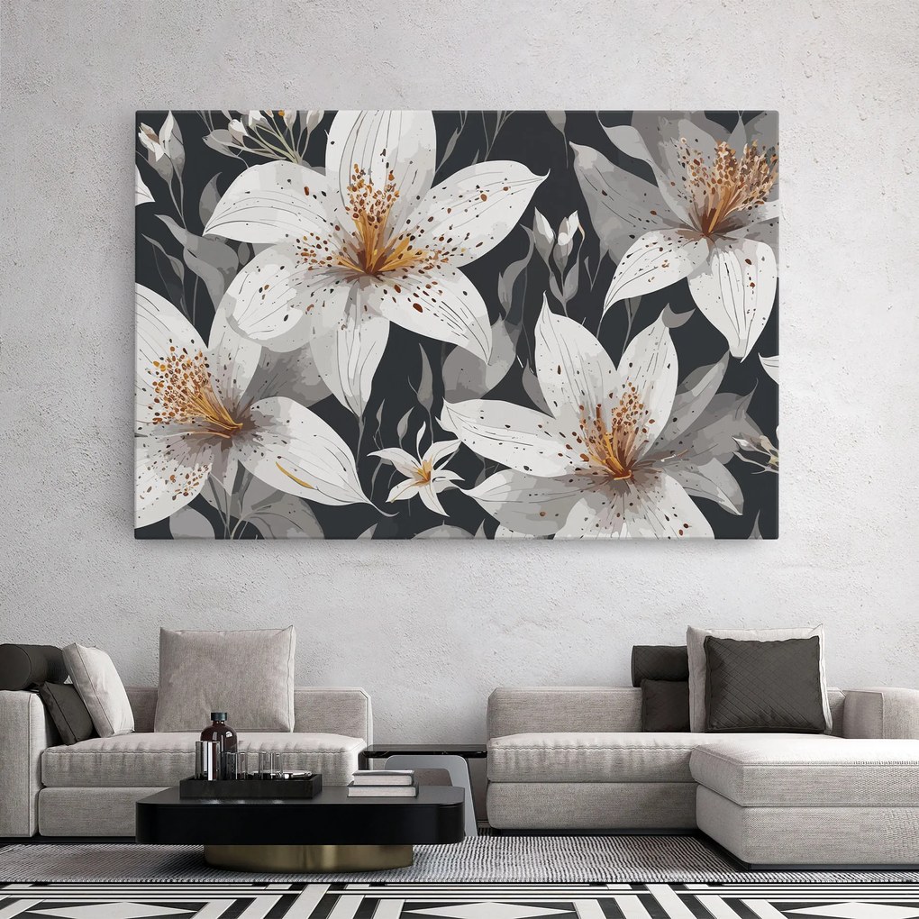 Tablou Canvas, 50x70cm, Dormitor si Living, Flori, Crini, White Grey Lily