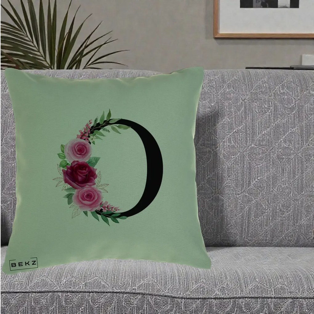 Cadou Personalizat - Perna Personalizata Monograma Florala Litera O, 40x40 cm, Verde, Husa Detasabila, Perna Inclusa, BEKZ®