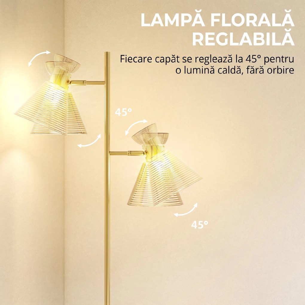 HOMCOM Lampă de podea modernă cu 2 lumini și capete reglabile, întrerupător cu pedală, aur | Aosom Romania