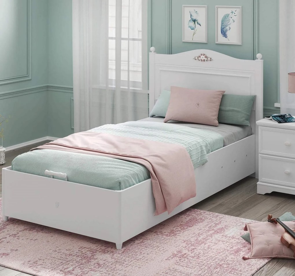 Pat 100x200 cm cu spatiu depozitare pentru copii Colectia Rustic White