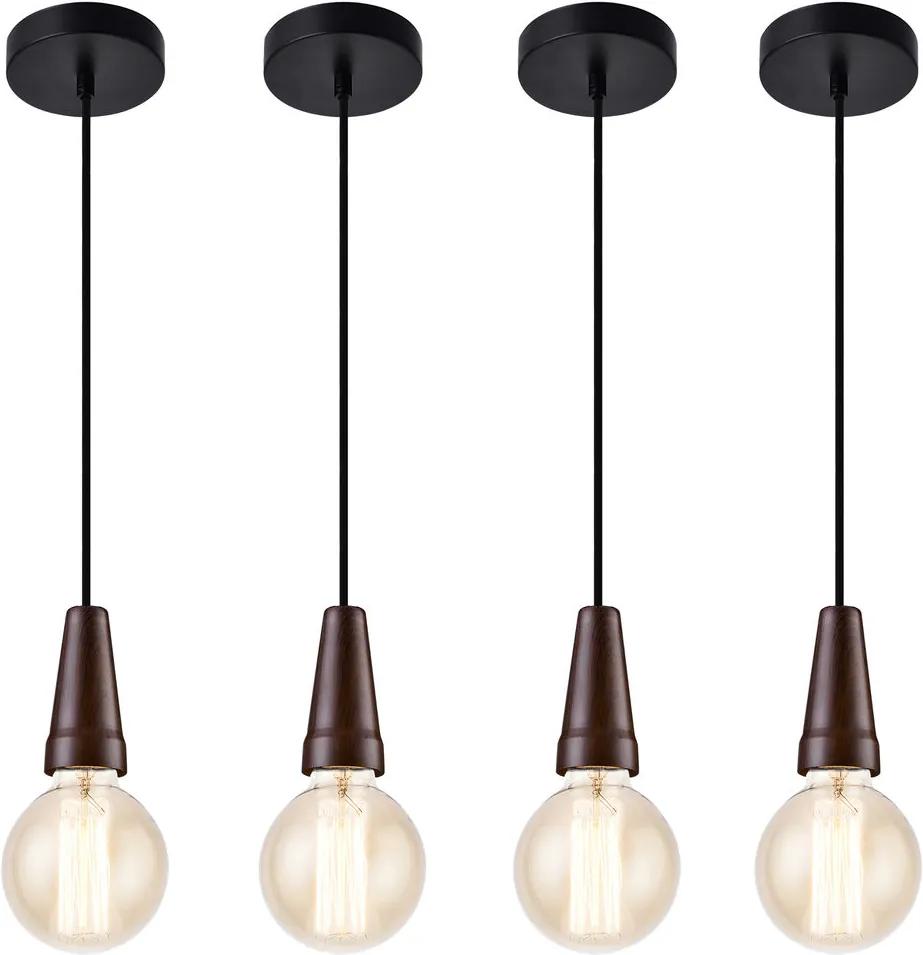 Set 4 bucati - lampa decorativa suspendata - 60 W - negru / efect lemn