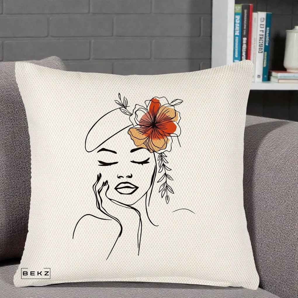 Perna Decorativa Portret Feminin Flori Palarie, 40x40 cm, Crem Reliefat, Husa Detasabila, Perna Inclusa, BEKZ®