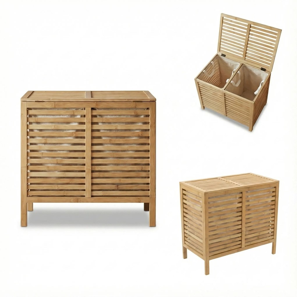 Coș de rufe dublu, din bambus MOA, 90 l